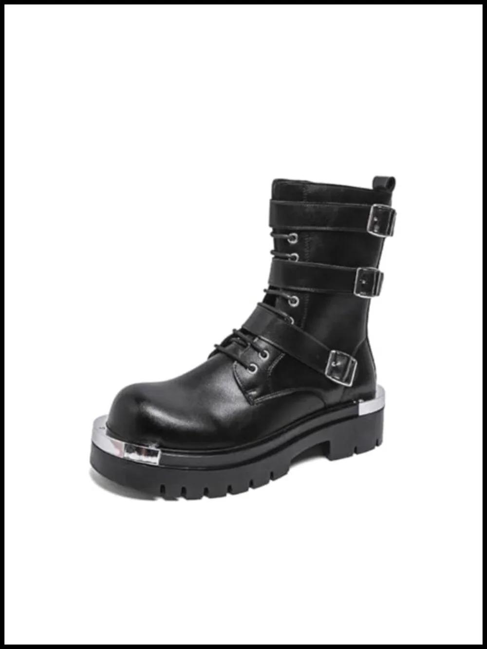 Leather Lace Up Platform Combat Boots with Multiple Buckle Side Zip Chunky Heel